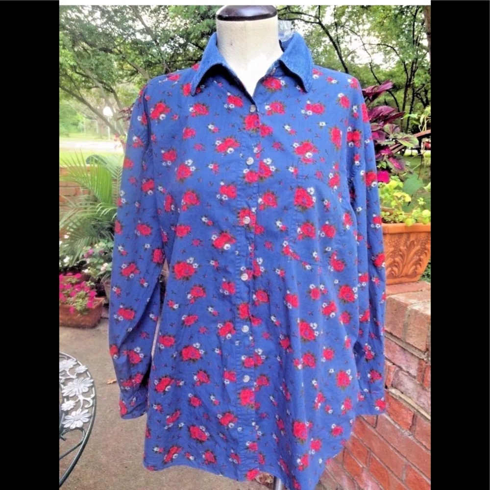Vintage Red and White Flower Print Long Sleeve Shirt/Blouse With Denim Collar